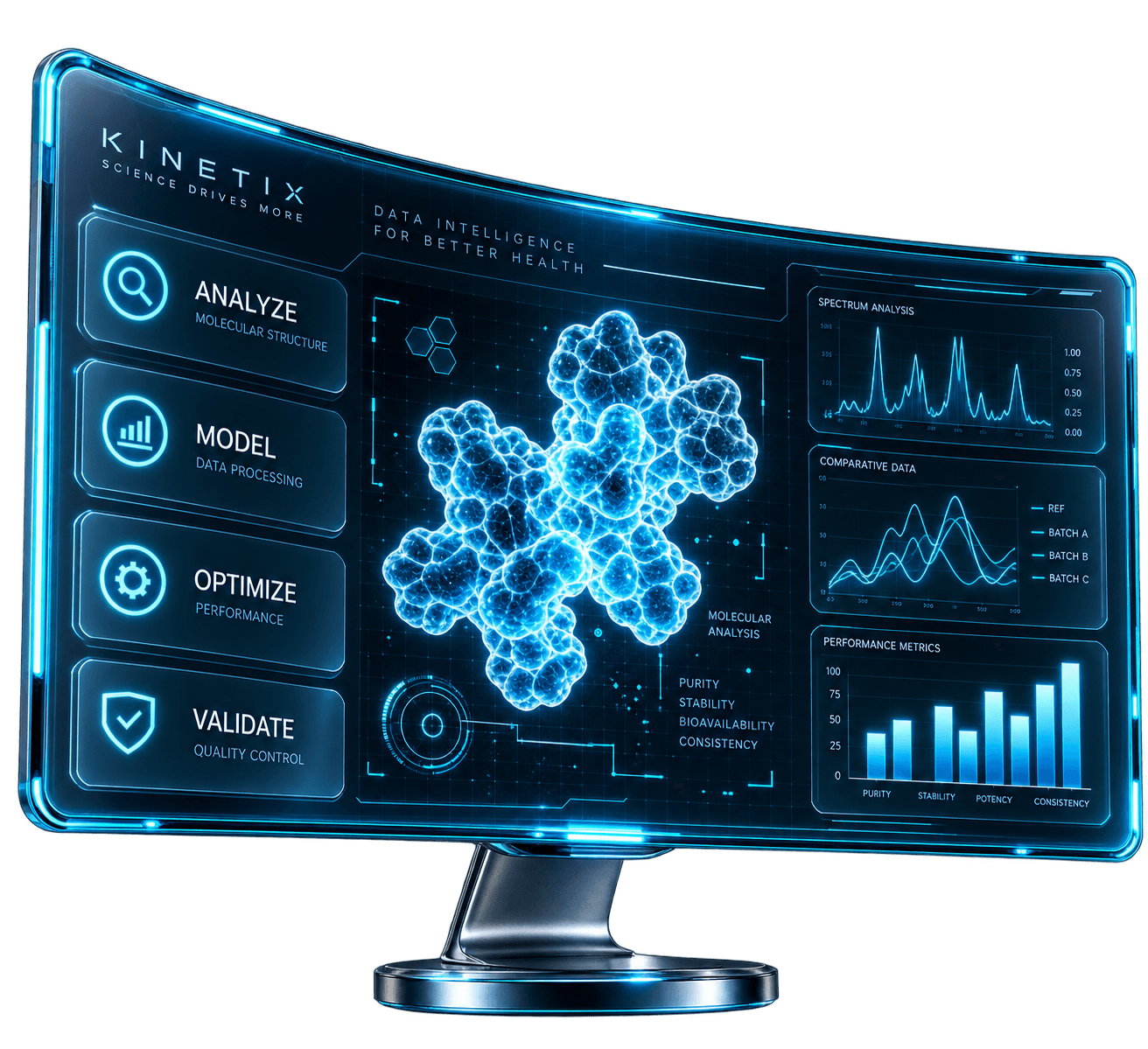 Monitor curvo KINETIX con dashboard de análisis molecular, espectros y métricas de desempeño — Science Drives More.