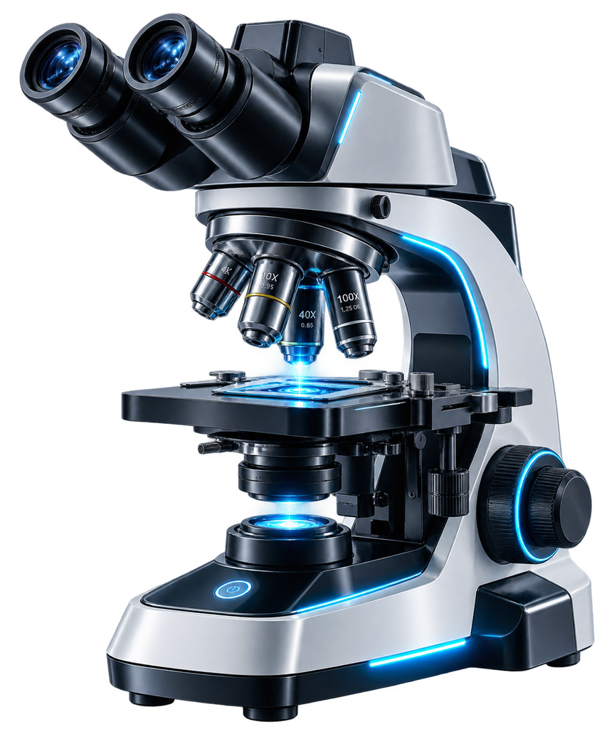 Microscopio binocular KINETIX con detalles cyan, utilizado en el análisis de cada fórmula.